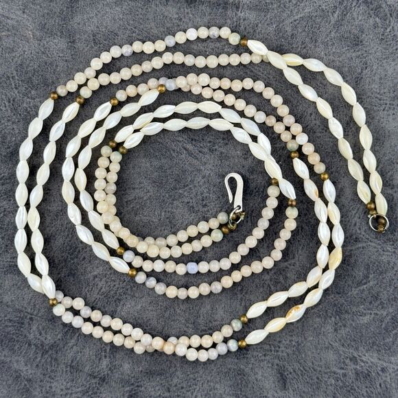 Vintage Natural Gemstone & Mother Of Pearl Rice Beads Necklace Double Strand 15" - Picture 1 of 13